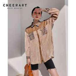 Fashion Button Up Long Sleeve Shirt Women Patchwork Designer Collar Brown Ladies Tops And Bloues Elegant 210427
