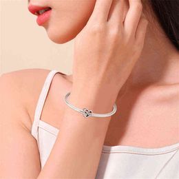 Heart-shaped Bow Inlaid Zircon Bangle Pendant 925 Sterling Original Fits Charms Bracelet for Family Woman Charm223a