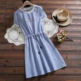 Embroidery hight Waist Short sleeve summer cotton small fresh college wind sweet round neck striped Dress 4550 50 210417