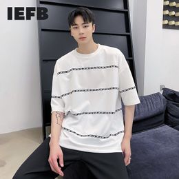 IEFB Men's Summer Short Sleeve T-shirts Letter Print Striped Round Collar Tee Tops For Male Black White Clothing 9Y6999 210524