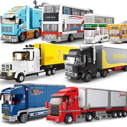 School Bus Truck Building Blocks City Car Vehicle Friends Waggon Lorry Cargo Van Automobile Models Sets Construction Toys Q0624