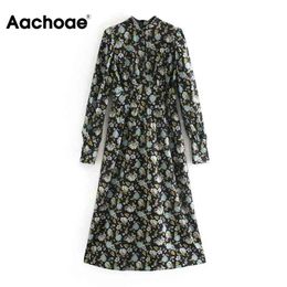 Aachoae Autumn Spring Floral Print Dress Stand Collar Vintage Midi Dress Lady Long Sleeve Pleated Elegant Dresses Vestidos 210413