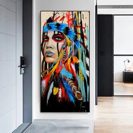 Canvas Painting Women Wear Feather Wall Pictures For Living Room Modern Art Prints and Posters Decorative Pictures
