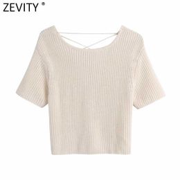 Zevity Women Solid Color Short Knitting Sweater Femme Chic Summer Sexy Backless Lace Up Casual Slim Pullovers Crop Tops SW830 210603