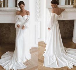 Simple Gorgeous Sexy Off Shoulder Beach Wedding Dresses Bridal Gowns Bohemian Chiffon Long Sleeves Boho Sweep Train For Women Robe Mariage