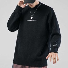 Japanesestyle Sweater Men winter Hip Hop Streetwear letter Solid Colour pullover O-neck Oversize Retro Men's Sweaters 210603