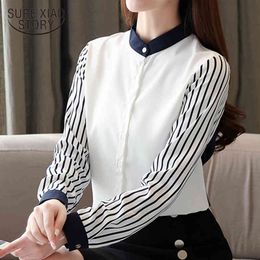 Office Lady Long-Sleeve Korean Striped Blouse Autumn Stand Collar Shirt Women Plus Size Chiffon Ladies Tops 10751 210415