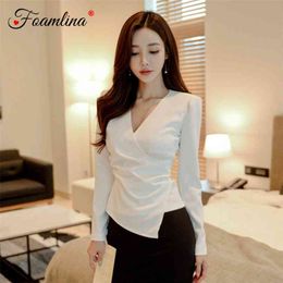 Elegant Women's White Shirt Top Spring Autumn Sexy V Neck Long Sleeve Work OL Cross Front Irregular Female 210603