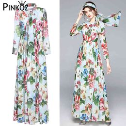 runway designer maxi long sleeve dress boho flower printed o-neck floor length light blue robe dresses partyy beach chic 210421