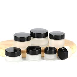 Empty Refill Frosted Glass Cosmetic Jar Pots with Screw Black Lid and PP Liner Travel Sample Packing Container For Makeup Eyeshadow Cream Lotion Bottles