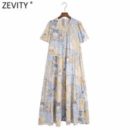 Women Vintage Puff Sleeve Press Pleated Breasted Casual Midi Dress Female Cloth Patchwork Printing Vestido Dresses DS8217 210416
