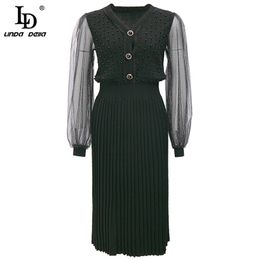 V-neck Thick Knitting Summer Long Sweater Dress Women Fashion Designer Mesh Patchwork Bead Black Party Dresses 210522