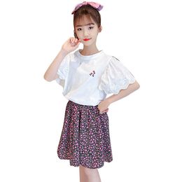 Kids Clothes Tshirt + Floral Skirt For Girls Summer Girl Clothing Casual Style Children's 6 8 10 12 14 210528