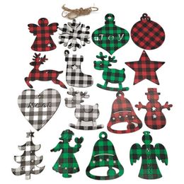 Red Black Grid Christmas Decoration Decor Wood Chip Crafts Snowflake Stocking Xmas Tree Pendant Party Home DIY New Year Wooden Ornamentation