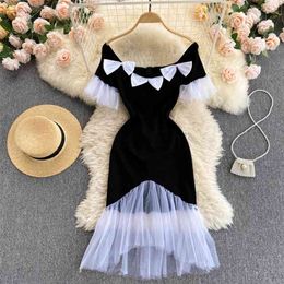 Summer Fashion Temperament Vestidos Women's Hit Colour Bow Knot Mesh Stitching Slim Midi Dress GL038 210507