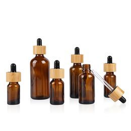 Amber Glass Dropper Bottles 5ml 10ml 15ml 20lm 30ml 50ml 100ml With Bamboo Cap Wooden Essential Oil Bottles