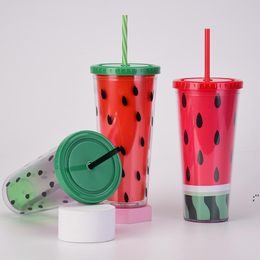 24Oz Plastic Watermelon Tumbler with Lids Straws Double Wall Summer Party Juice Beverage Cup seaway RRF12823