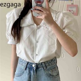 Ezgaga Sweet White Shirts Women Peter Pan Collar Korean Chic Summer New Short Puff Sleeve Blouse Solid Loose Fashion Blusas 210430