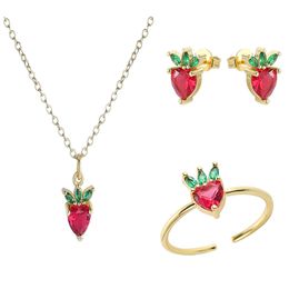 2021 Fashion Crystal Pendants Necklace Earrings Sets for Women 4Pcs/Set Strawberry Jewellery Set Bridal Wedding Rings Ear Studs