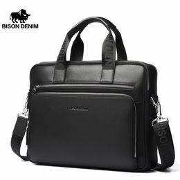 BISON DENIM Men Bag Genuine Leather Briefcases14" Laptop Men's Business Crossbody Messenger/Shoulder For Man N2333-3 210809