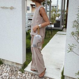 Two Piece Sets Plain Trousers Casual Slit Ladies Fashion Round Neck Straight Pullover Fashionable Setup 2021 New Sleeveless Vest Y0625