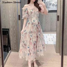 Vintage Strap Dress Woman Summer Flora Printed Chiffon Party Bodycon Ruffles Elegant es for Clothing 210603