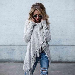 Oversized Fringed Shawl Grey Pullovers Women Spring Autumn O-Neck Loose Long Sweaters Streetwear Warm Outerwear 210812
