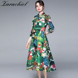 Summer Fashion Tropical Jungle Vacation Green Chiffon Women Bow Collar Floral Print Pleated Elegant Midi Dress 210416