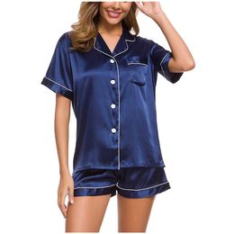 Satin Pajamas Suit Women's Short Sleeve Sleepwear Soft Silk Button Down Loungewear Pjs Shorts Set S-L Comfortable Homewear X0526