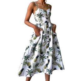 Sexy V Neck Backless Floral Summer Beach Dress Women White Boho Striped Button Sunflower Daisy Pineapple Party Midi Dresses 210409