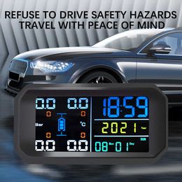 Tyre Pressure Monitoring System-Solar Charge Auto Backlight Smart LCD Display Auto Sleep Mode Digital LCD Display with Clock Car