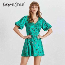 Summer Print Mini Dress For Women V Neck Short Sleeve High Waist Slim Dresses Female Fashion Clothes 210520
