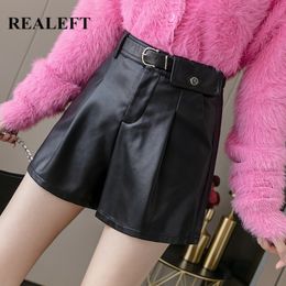 Autumn Winter PU Leather Women's Shorts with Belt Solid High Waist Wide Leg Elegant Female Chic Trousers 210428