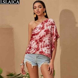 Summer T Shirts Tie-Dye Print V-Neck Half Sleeve Off Shoulder Top Women Bohemian Holidays Party tshirt Camiseta Mujer 210515