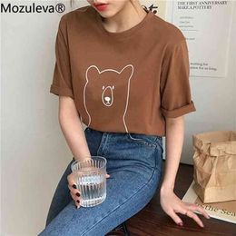 Mozuleva Chic Cartoon Bear Cotton Women T-shirt Summer Short Sleeve Female T Shirt Spring White O-neck Top Tees 100% Cotton 210406