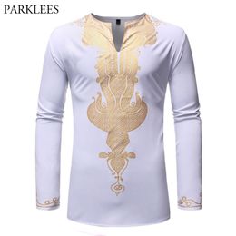 Mens White African Dashiki Print Shirt Brand Slim Fit V Neck Tribal Ethnic Shirt Men Long Sleeve Africa Clothing Chemise 210522