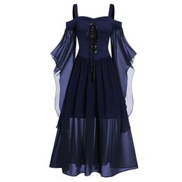 Casual Dresses Womne Vintage Dress Plus Size Cold Shoulder Butterfly Sleeve Lace Up Gothic Halloween Vestidos 2021