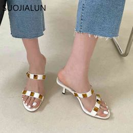 SUOJIALUN 2021 New Fashion Rivet Women Slipper Ladies Elegant Thin High Heel Sandal Summer Outdoor Peep Toe Beach Slides K78