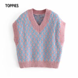 Toppies Woman Plaid Sweater Vest Casual Argyle Waistcoat Female Knitted Tops V-neck Jacket 210412