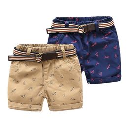 Summer Fashion 2-10T Years Children Kids Fly Paper Air Plane Print Pocket Above Knee Length Boys Short Pants With Belt 210701