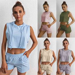 Two piece Suit summer hooded sleeveless stayhome style pocket casual vest shorts suit 2-piece set For women clothes 210508