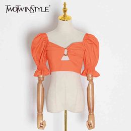 TWOTWINSTYLE Sexy Short Tops For Women Square Collar Puff Sleeve Hollow Out Sexy White Blouse Female Fashion Clothing 210517