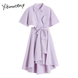 Yitimuceng Irregular Dresses Women Summer Bow Lace Up Mini Short Sleeve High Waist A-Line Solid Korean Fashion Dress 210601
