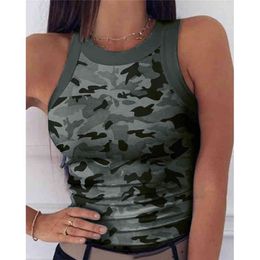 2021 Summer Women Print Top Fashion Women Casual Army Camo Camouflage Tank SleevelO-neck Slim Vest T-Shirts Plus Size S-2XL X0507