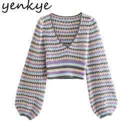 Women Sexy Hollow Out Cropped Knit Sweater Vintage Hit Colour V Neck Lantern Sleeve Clothes Autumn Pullover Tops 210514