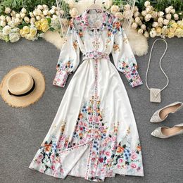 Casual Dresses Trendy Long For Women Nice Elegant Sleeve Maxi Shirt Dress With Belt Vintage Floral Print Boho Bohemian