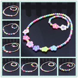 Kids Beaded Necklace Bracelet Jewelry Set Fashion Cute Pink White Pearl Pendant Accessories M3515