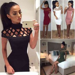 Women Dress Sexy Ladies Hollow Out Turtleneck Bodycon Slim Short Sleeve Evening Party Pencil Mini Mesh Clothing 210522