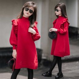 Children Kids Girls Clothes Red Spring Knitted Ruffles Teen Girl's Long Sleeve Sweater Dresses 4 5 6 7 8 9 10 11 12 13 14 Years 211103