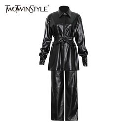 TWOTWINSTYLE Casual Two Piece Set For Women Lapel Long Sleeve Lace Up Shirt Wide Leg Pants Female Sets Fashion Clothes 210517